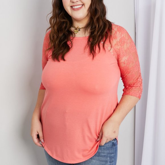 Zenana Full Size Spliced Lace Half Sleeve Round Neck Top in Deep Coral - Picture 6 of 10